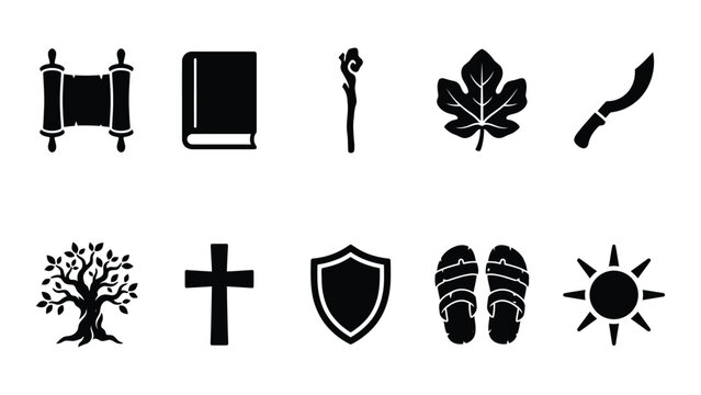 Set of ancient religious symbols and objects in flat black vector style.