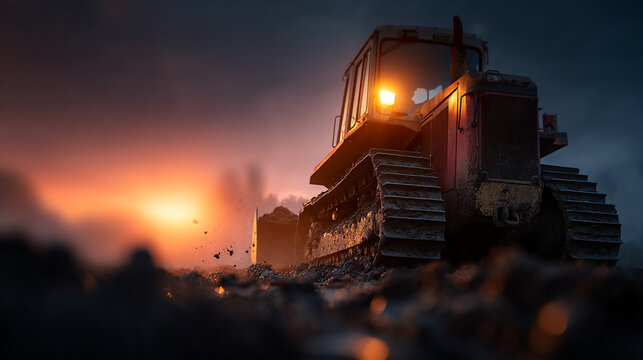 Heavy construction bulldozer working at sunset with glowing lights heavy duty bulldozer