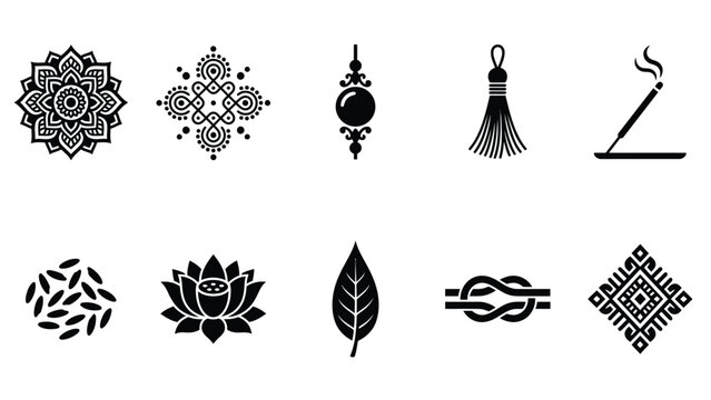 Set of decorative hinduism and buddhism religious symbols, spiritual and traditional indian design elements, black and white vector.