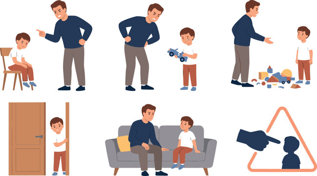 Strict Family Discipline and Parenting Guide Clipart Collection Vector Featuring Flat Cartoon Angry Father Poses Scolding Sad Boy Sitting on Chair Scattered Building Blocks and Warning Sign Elements