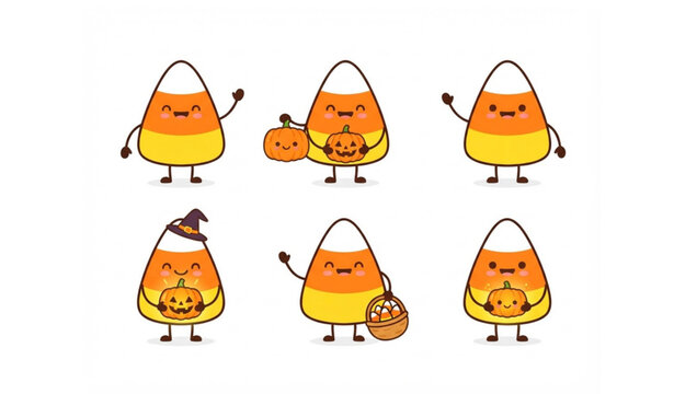 Cheerful Halloween candy corn greeting characters vector illustration collection