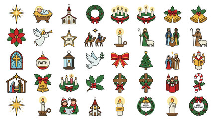 Obraz premium Religious Christmas icons set, 40 Christian nativity and advent vector symbols, traditional church holiday elements for greeting cards and church bulletins