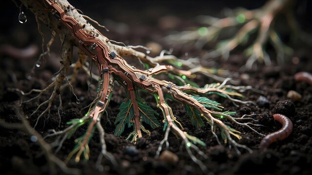 Detailed macro view of tree roots becoming copper circuits - Perfect for microchip manufacturing, organic technology, or computer hardware.