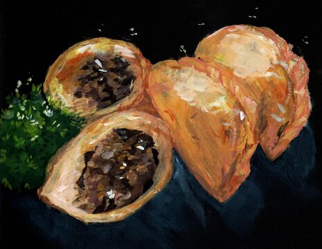 Gouache painting of crispy golden-brown curry puffs sliced open to reveal savory meat filling on a black background