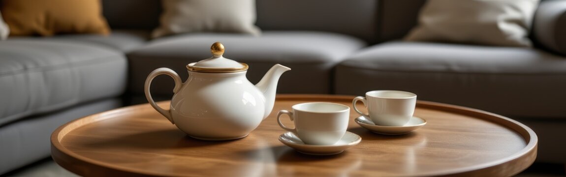 Teapot and two cups on a wooden table in a cozy living room with a gray sofa background.