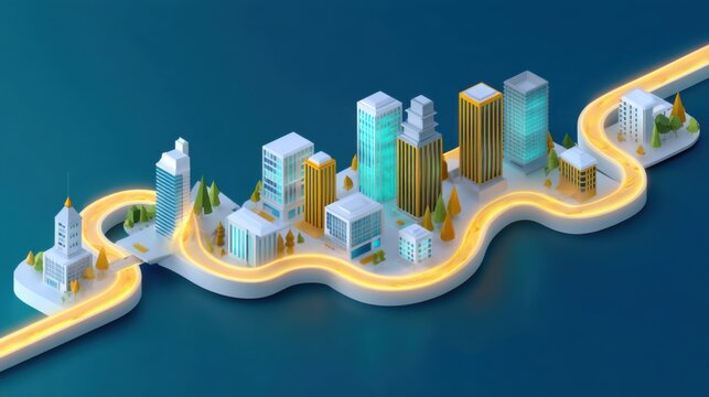 Vector isometric city connected by a single glowing energy loop, smart grid technology, minimalist flat 3D, teal and lemon yellow, isolated on white