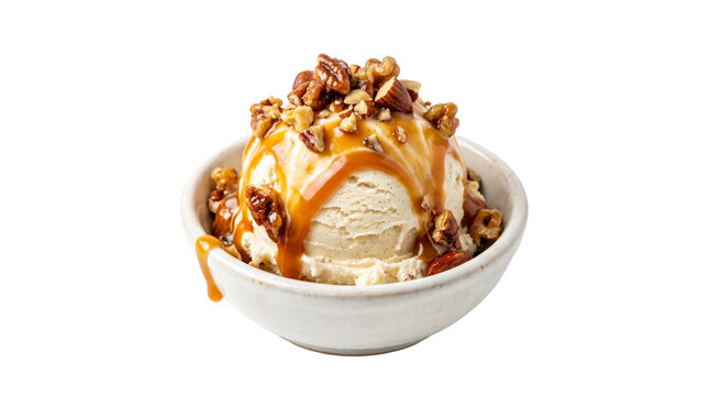 Gourmet vanilla ice cream scoop with caramel sauce and crushed walnuts, decadent sundae dessert in a white bowl, sweet treat on white background