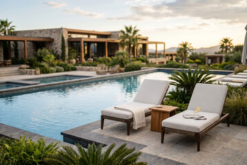 Fototapeta premium Luxury poolside loungers at sunset by a modern villa pool during golden hour for resort relaxation lifestyle and elegant outdoor background