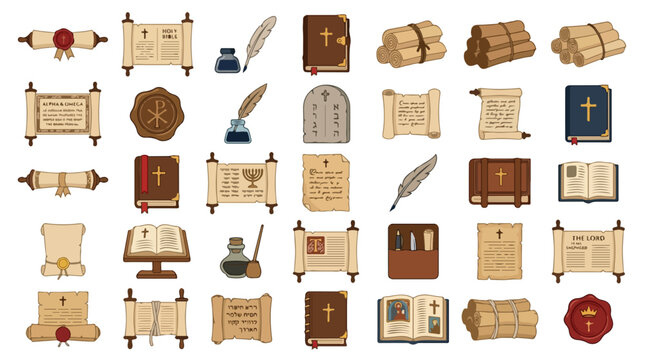 Vintage religious scrolls and holy bible icons, 35 ancient parchment manuscripts with quill and ink, medieval christian scripture vector set