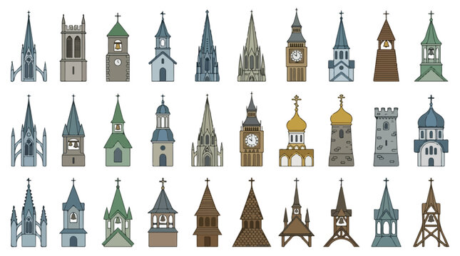 Vintage church spires and cathedral towers collection, 30 architectural steeple vector icons, historic religious building elements for map design