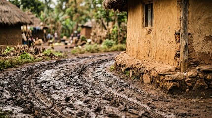 Obraz premium Muddy dirt road through a traditional rural village with clay houses