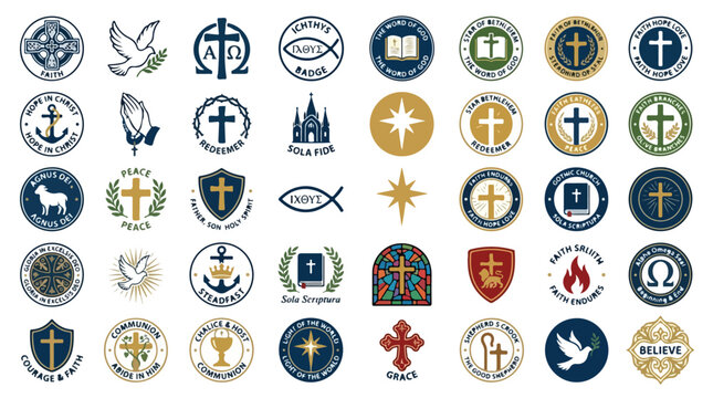 Christian religious icons set, 40 church symbols and spiritual emblems vector, sacred faith badges with cross dove and bible for community branding