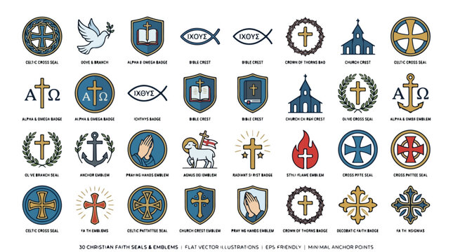 Christian faith seals and emblems, 32 religious icon set in flat vector style, church symbols with crosses and bible illustrations