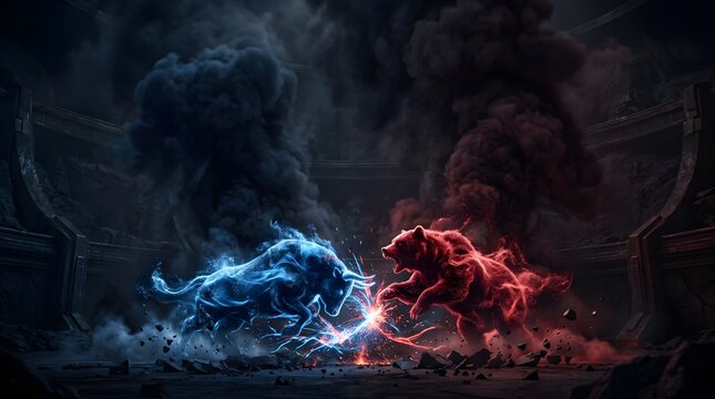 Blue bull and red bear clash in an epic financial market concept battle