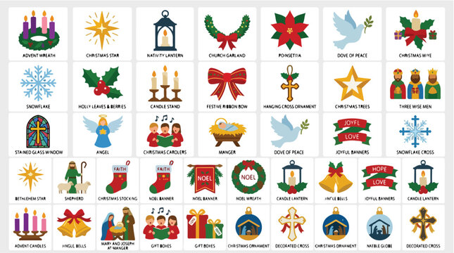 Religious Christmas icons set, 35 Christian holiday vector elements, nativity scene and advent symbols for church celebration graphics