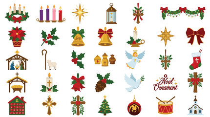Obraz premium Religious Christmas icons set, 35 Christian holiday vector elements, nativity scene and advent candles, traditional Noel ornament collection