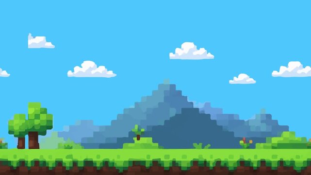 Pixel Art Retro Game Landscape with Mountains and Trees