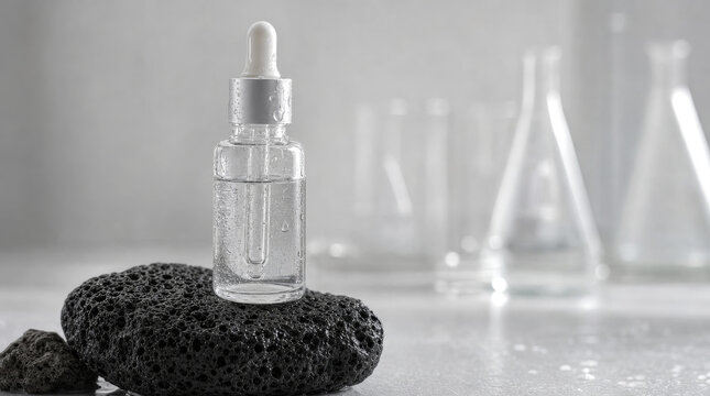 Aesthetic macro shot of a clear glass dropper bottle with face serum on a wet porous volcanic pumice stone in a soft-focused laboratory background.