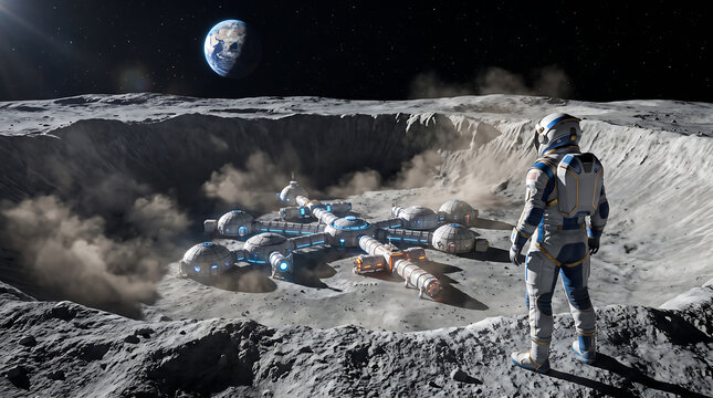 Astronaut exploring a futuristic lunar base on the moon with Earth in the background