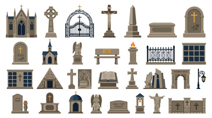 Obraz premium Cemetery icons set with 28 vector elements, gravestones and funeral monuments, cemetery architecture and memorial statues on white background