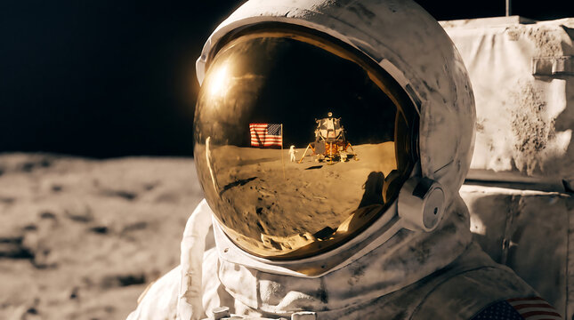 Astronaut standing on lunar surface with reflection of lander and flag in gold visor helmet during space mission