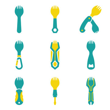 Collection of stylized sporks and multi-tools, teal and yellow flat icons, food utensil and utility gadget designs