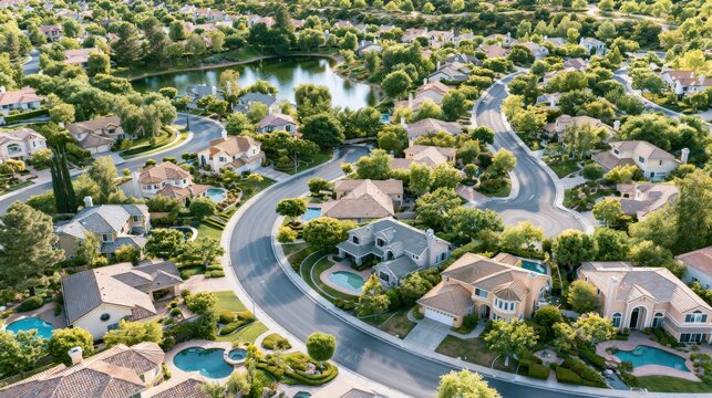 Aerial view of upscale residential community with luxury homes, curved streets, and neighborhood lake