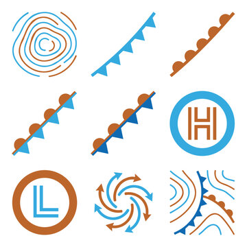 Collection of weather map symbols including pressure systems, fronts, and wind patterns, blue and brown, isolated on white