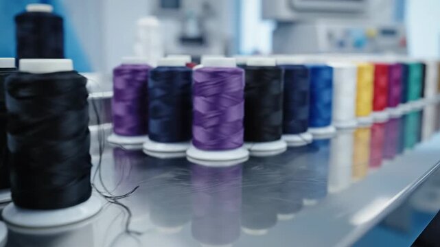 Rows of multicolored surgical suture thread spools including white, purple, and blue arranged on a reflective stainless steel surface in a sterile medical equipment manufacturing plant.