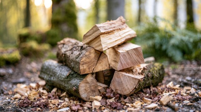 Freshly split beech logs stacked on forest floor with wood chips and bark in natural setting