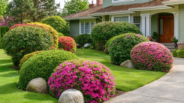 A well-manicured suburban home with a vibrant garden and colorful flowers in the front yard