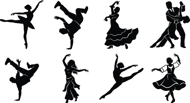 Dance Silhouette Collection Featuring Ballet Hip Hop Flamenco Ballroom and Contemporary Dancer Poses