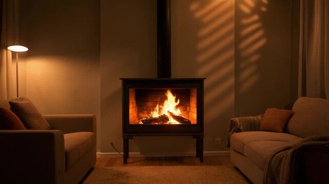 Cozy Living Room Interior with Burning Fireplace Warm Lamp Light and Plaid Couch