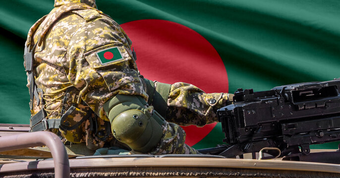 Bangladesh flag with soldier at machinegun turret