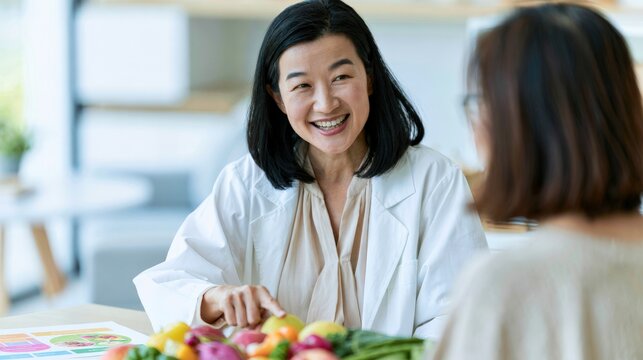 Professional female nutritionist discussing healthy eating with client, colorful vegetables on table