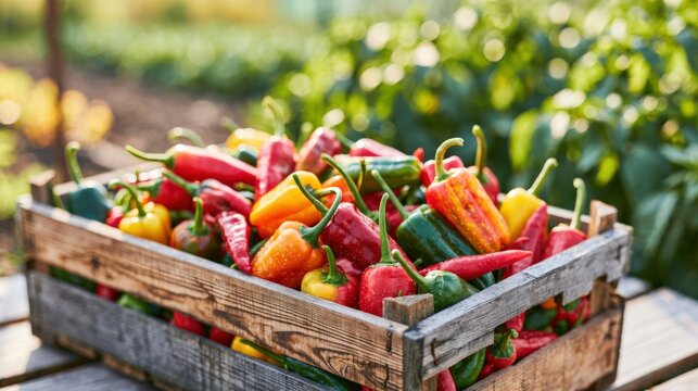 Rustic wooden crate filled with vibrant mixed chili peppers in a farm setting, fresh produce