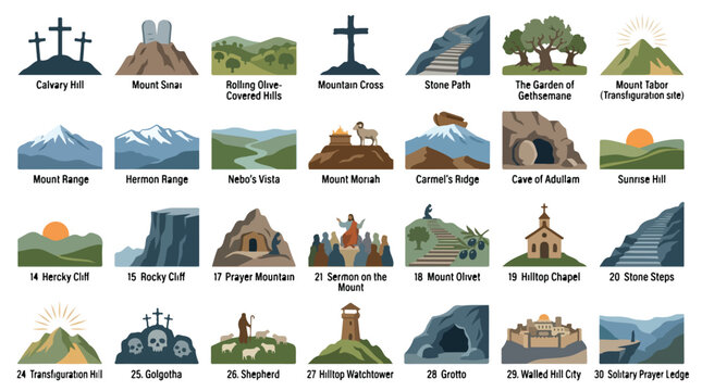 Biblical mountain icons set, 28 religious landscape vector illustrations, Christian holy sites and mountain peaks for church education and storytelling