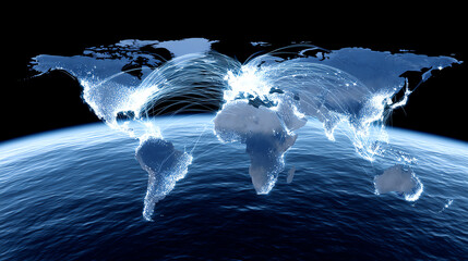 A digital globe representation showcasing international connections and data flow across continents and countries. © SS Stock