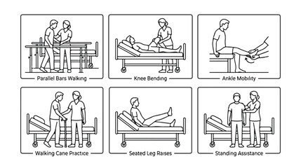 Obraz premium Physical therapy rehabilitation exercises set, 6 medical line icons of patient recovery, physiotherapy assistance and hospital mobility training