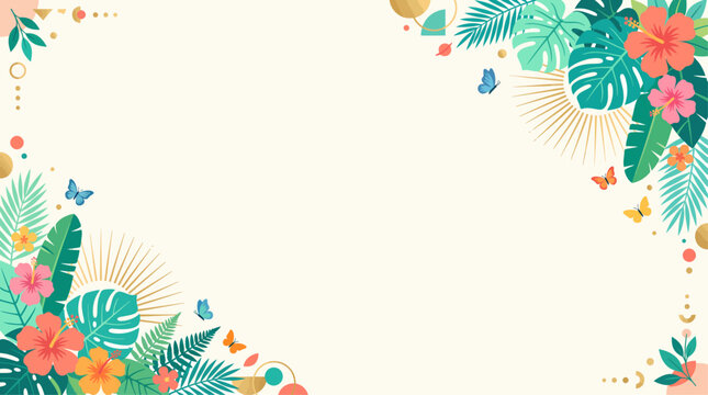 Elegant tropical summer background with vibrant hibiscus flowers, lush green leaves, golden sunbursts, and delicate butterflies framing a cream space.