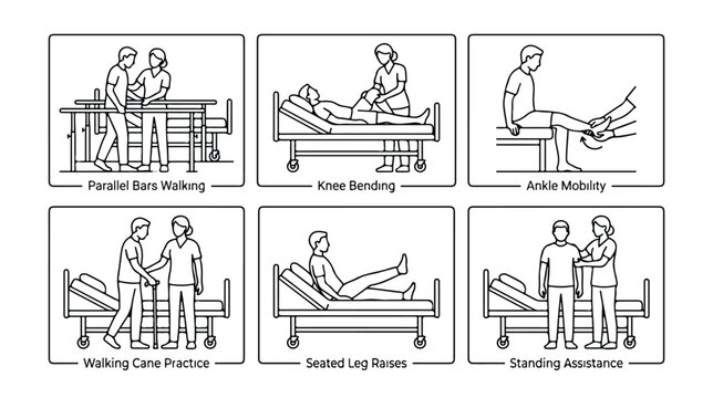 Physical therapy rehabilitation exercises set, 6 medical line icons of patient recovery, physiotherapy assistance and hospital mobility training