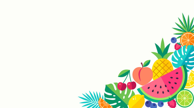 Vibrant tropical fruits and leaves border design on a white background, perfect for summer themes and healthy eating concepts.