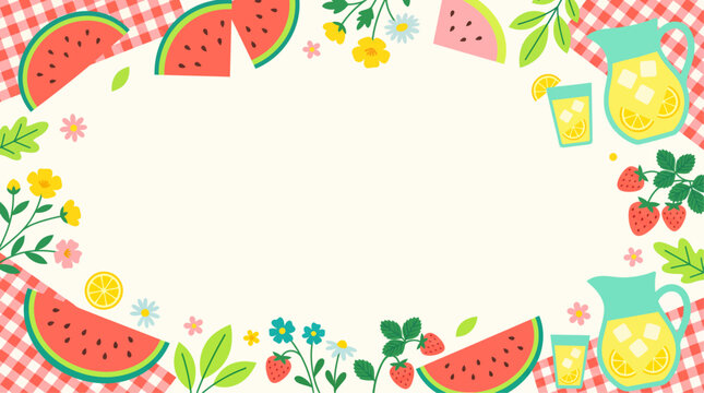 A vibrant summer picnic border illustration with watermelon, strawberries, lemonade, and various flowers on a checkered background.