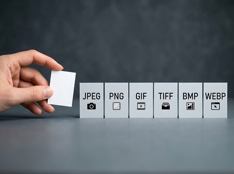 Hand holding blank card next to file format blocks jpeg