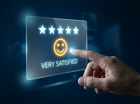 Hand interacting with glowing digital satisfaction rating screen