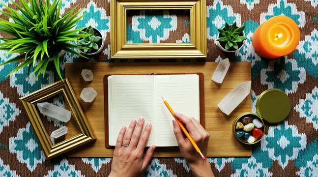 Hands write in journal near plants crystals and candle. Open notebook with pencil on bamboo board and patterned textile background. Creative workspace with natural decor.