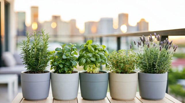 Urban balcony with modern ceramic planters featuring rosemary, mint, basil, oregano, and lavender