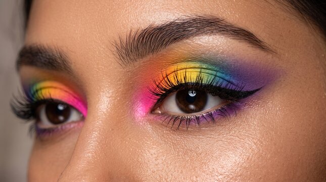 Close up of woman eye with bright rainbow eyeshadow makeup.