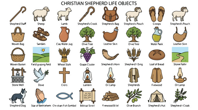 Christian Shepherd Life Objects, 40 Biblical Icons and Religious Symbols Vector Set, Ancient Middle East Pastoral Elements for Sunday School