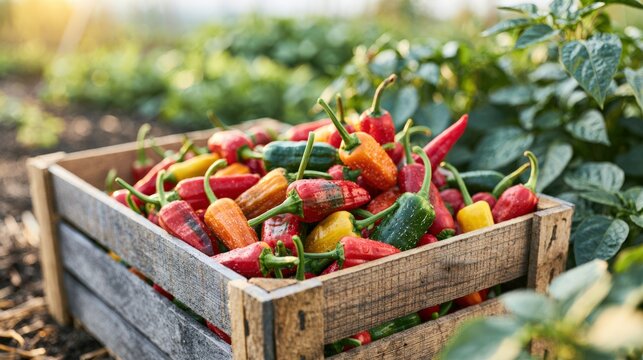 Rustic wooden crate filled with vibrant mixed chili peppers in a lush garden setting